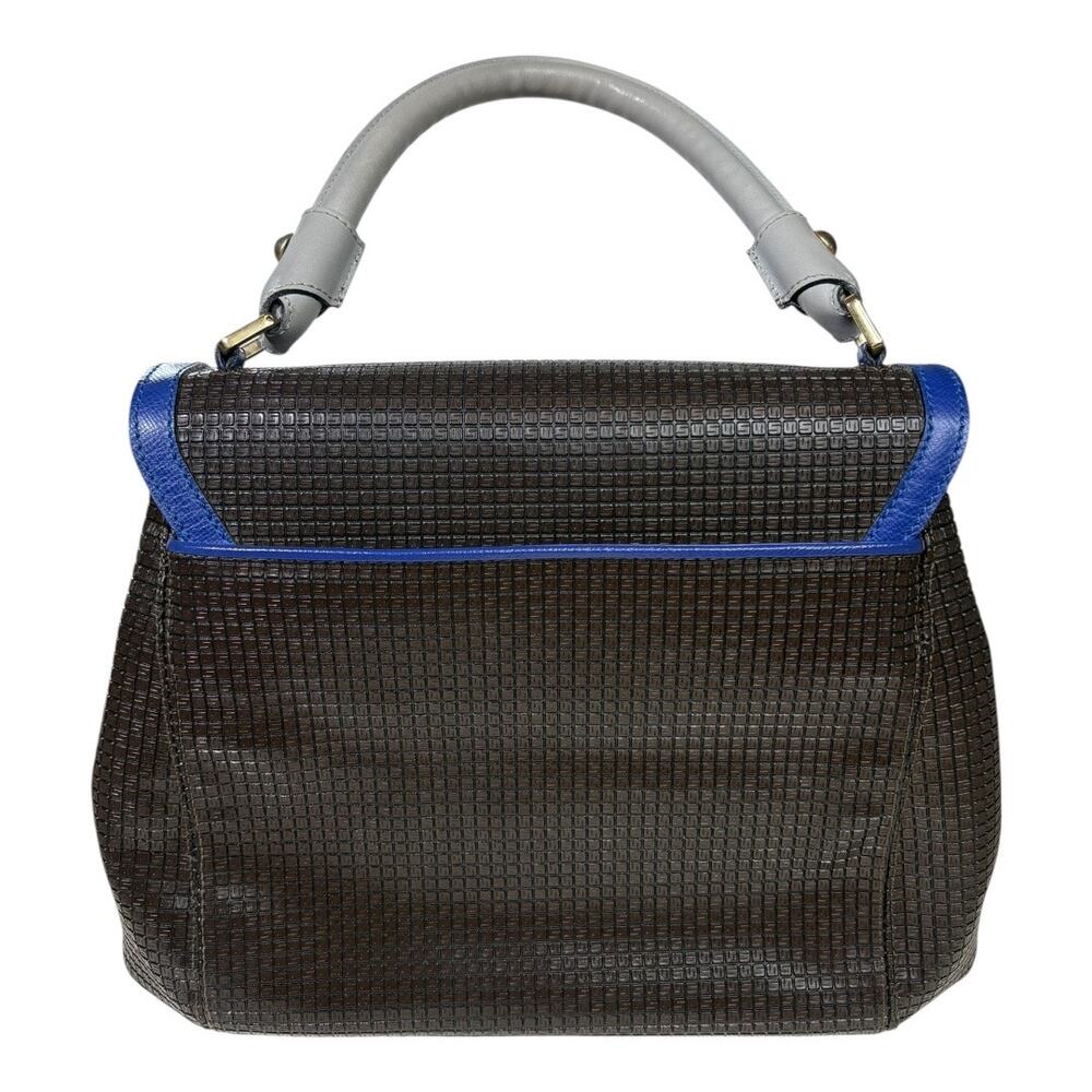 Serapian Bown Leather Gray Top Handle Cobalt Blue Trim Structured Handbag - Picture 2 of 9